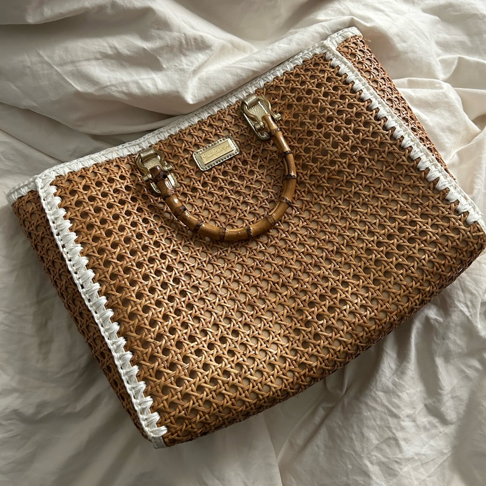 Lilly Pulitzer Brown and White Woven Tote : Greydon Cane Tote (missing screw)
